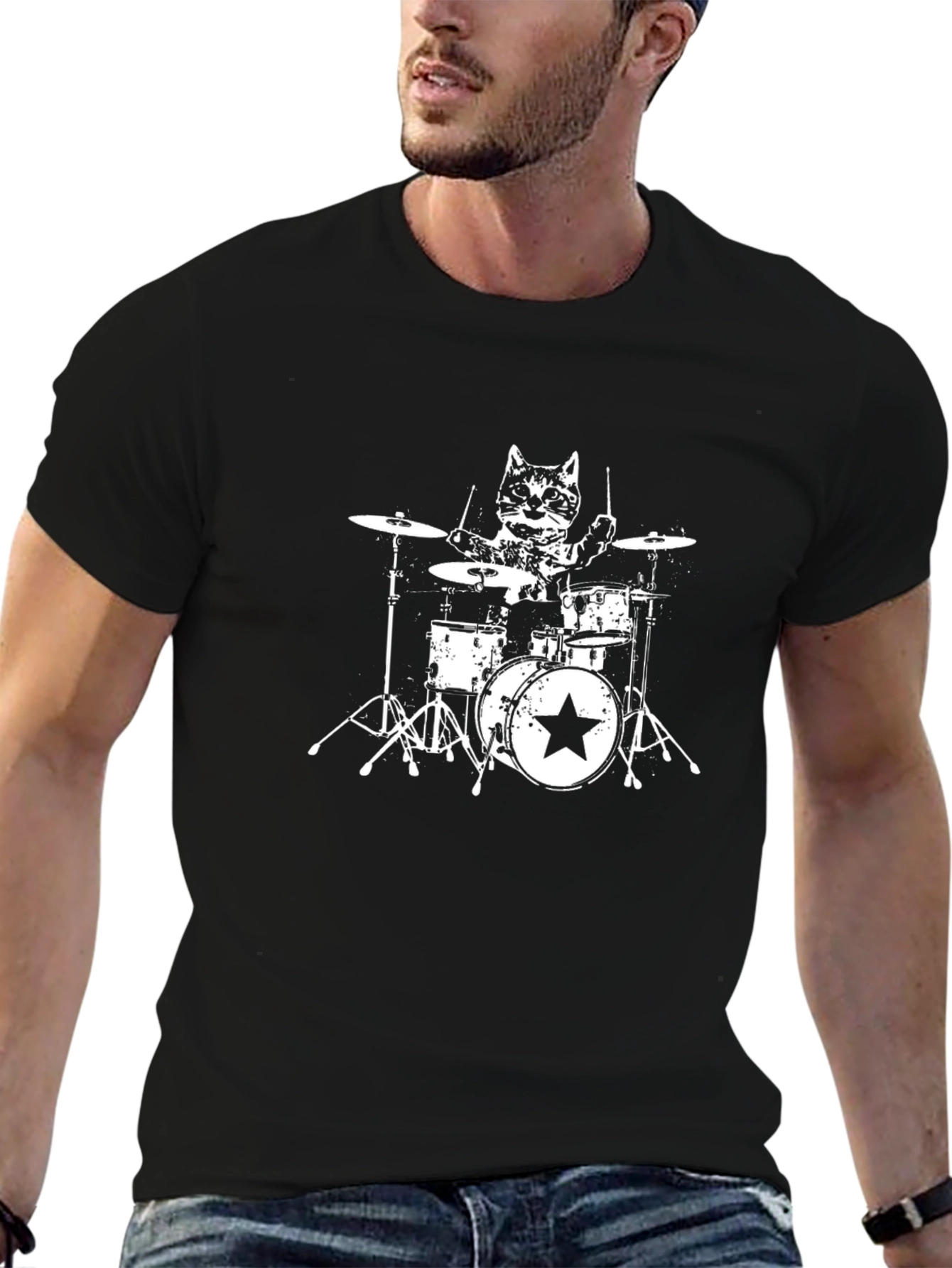 Cat Drummer Black T-Shirt - Rock On!