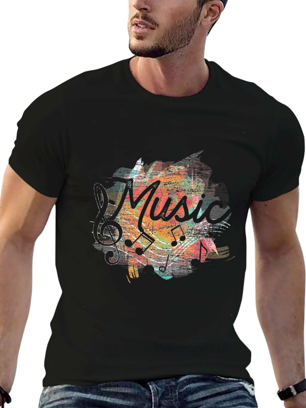 Music Notes Graphic Print Black T-Shirt