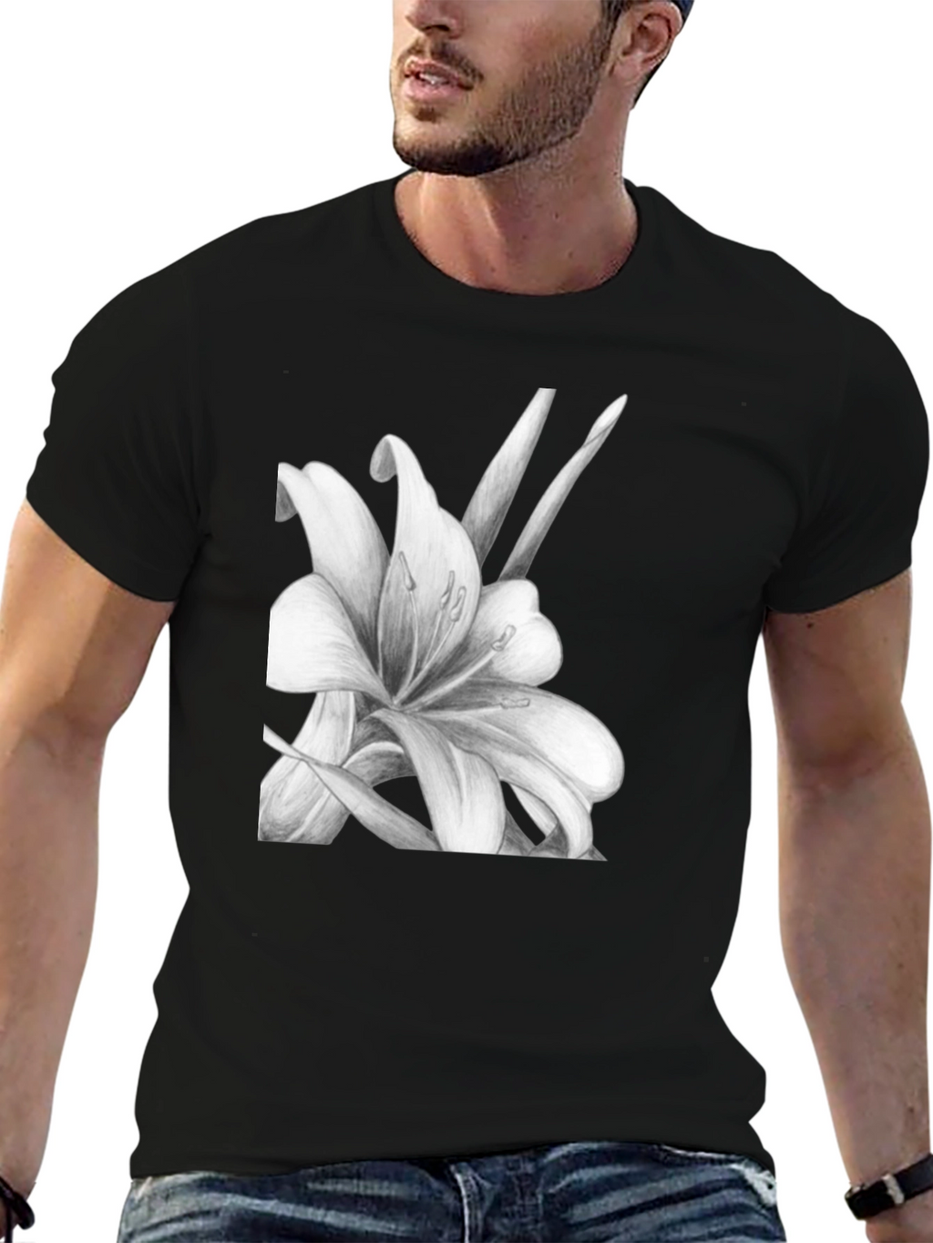 Elegant Lily Graphic Black T-Shirt