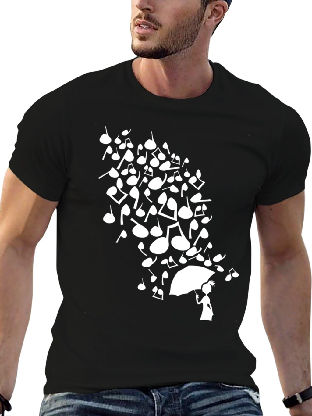 Musical Notes Umbrella Graphic Black T-Shirt