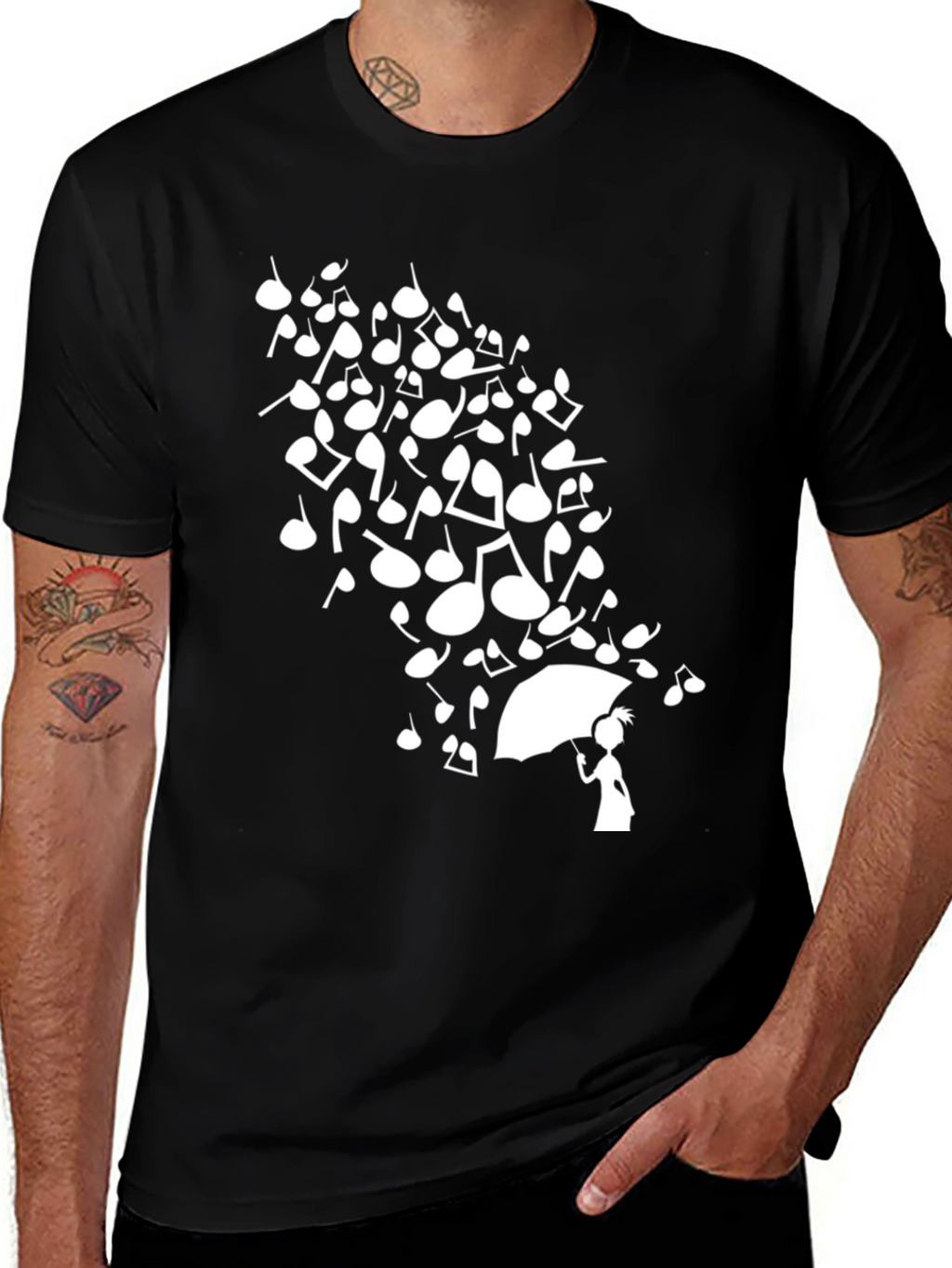 Musical Notes Umbrella Graphic Black T-Shirt