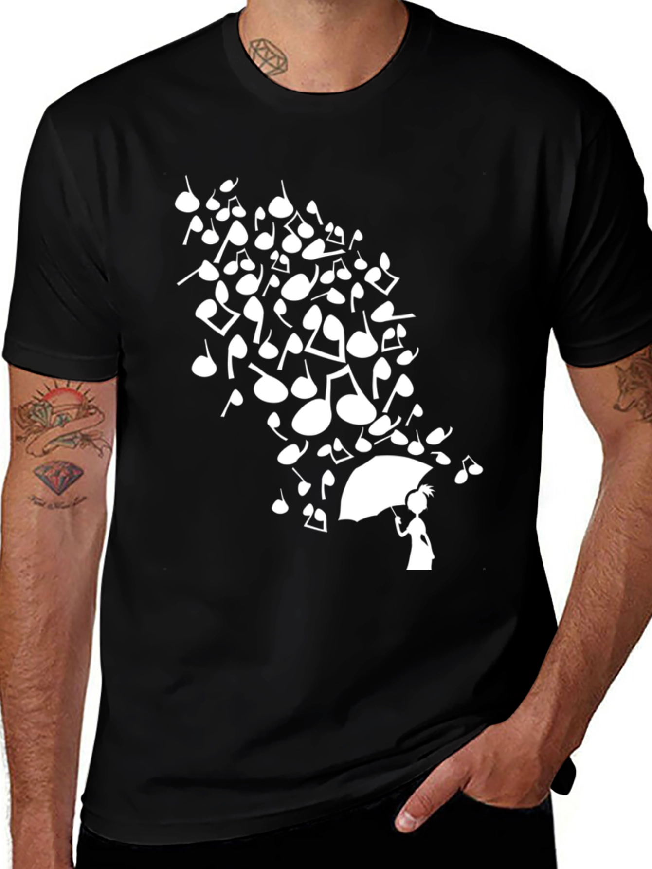 Musical Notes Umbrella Graphic Black T-Shirt