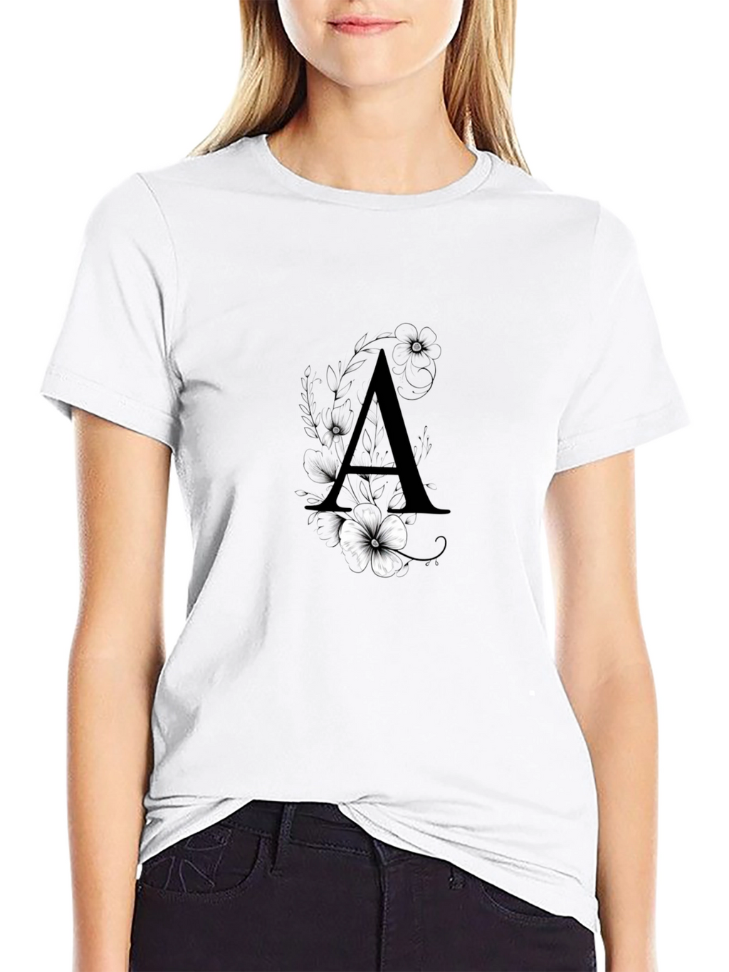 Elegant Black T-Shirt with Floral Letter A Design