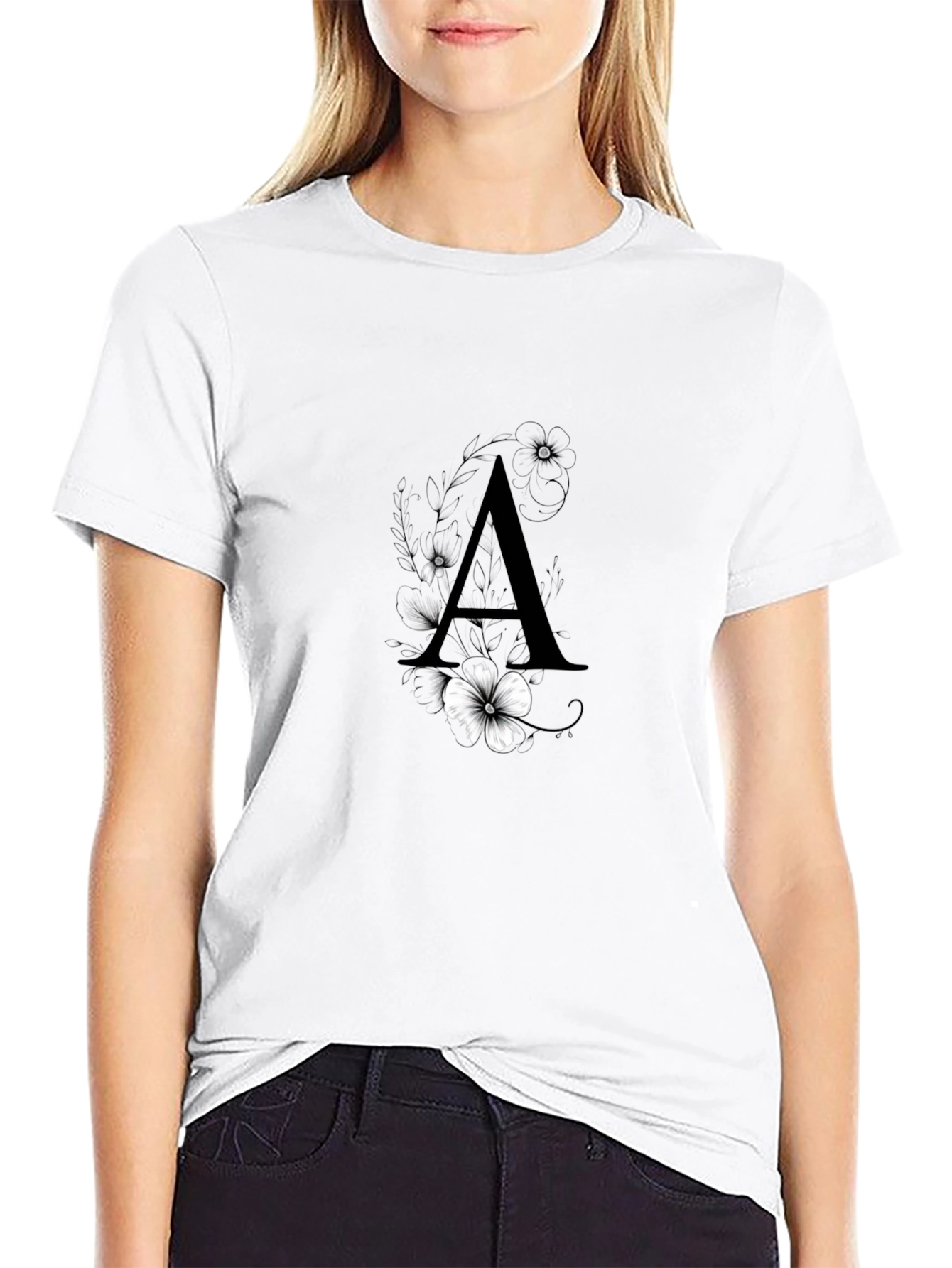 Elegant Black T-Shirt with Floral Letter A Design