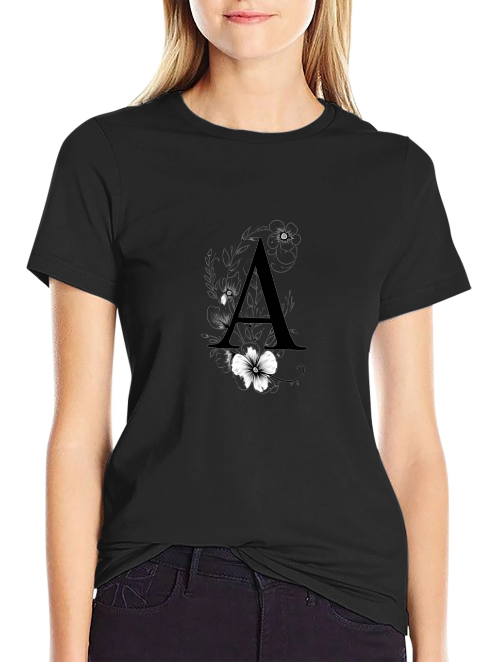 Elegant Black T-Shirt with Floral Letter A Design