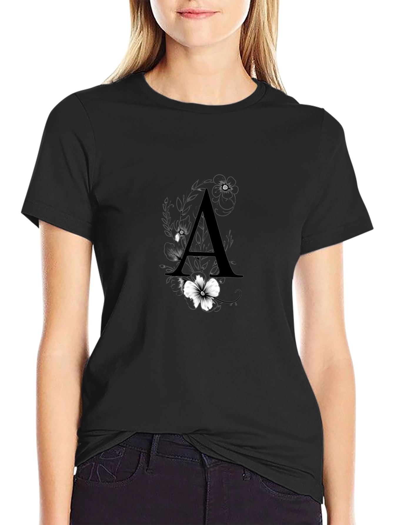 Elegant Black T-Shirt with Floral Letter A Design