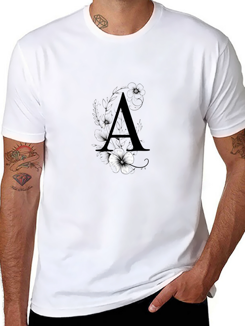 Elegant Black T-Shirt with Floral Letter A Design