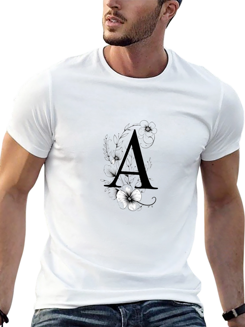 Elegant Black T-Shirt with Floral Letter A Design