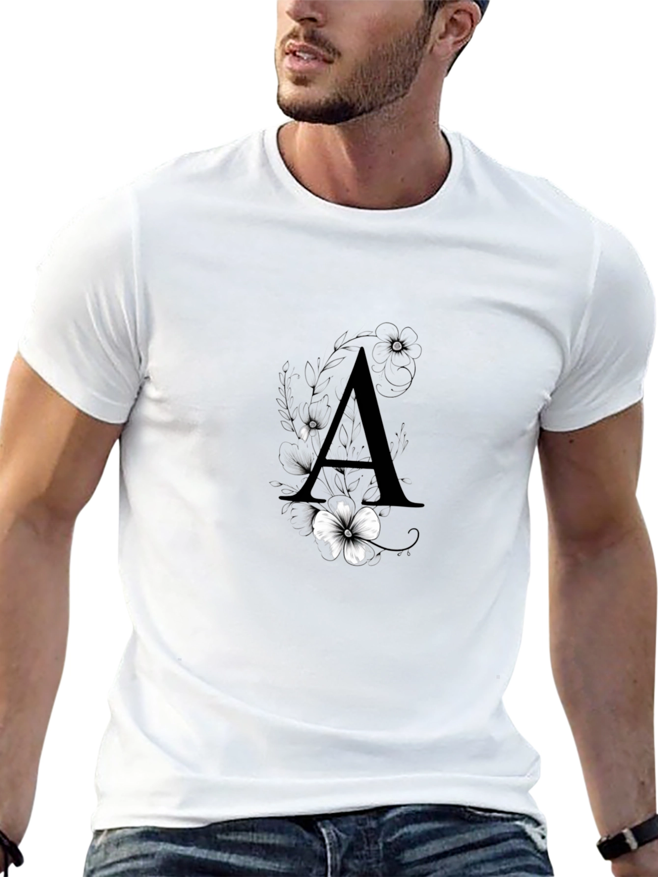 Elegant Black T-Shirt with Floral Letter A Design
