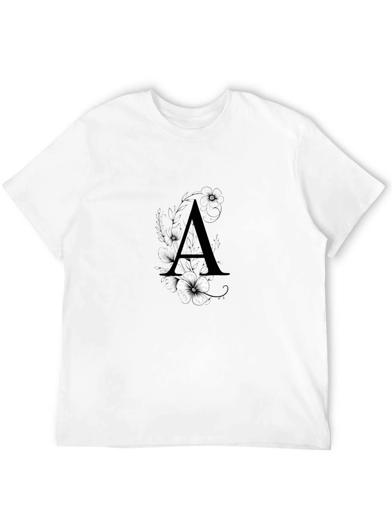 Elegant Black T-Shirt with Floral Letter A Design