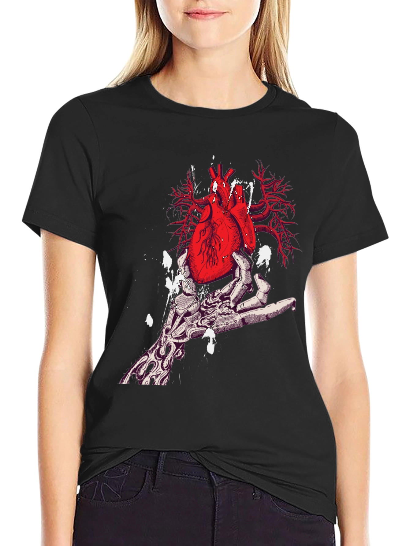 Heart in Hand Graphic Print Black T-Shirt