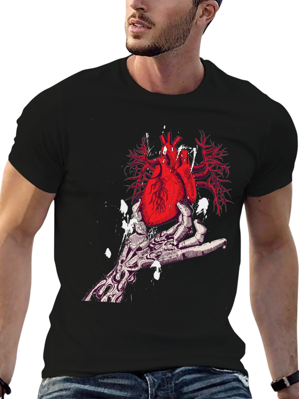 Heart in Hand Graphic Print Black T-Shirt