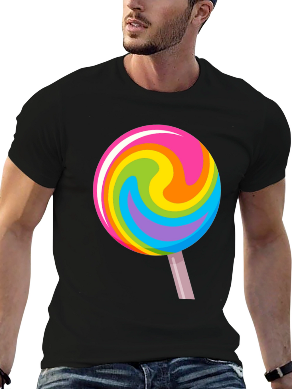 Rainbow Lollipop Graphic Black T-Shirt
