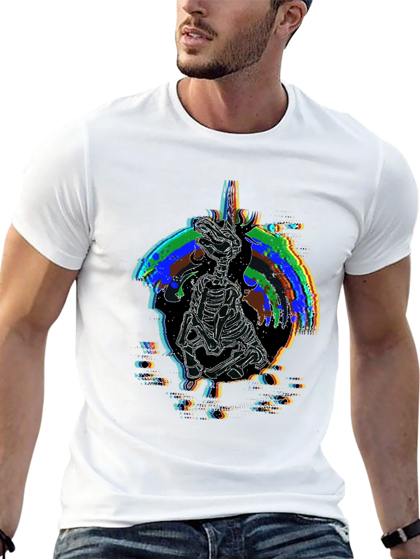 Unicorn Skeleton Glitch Graphic T-Shirt