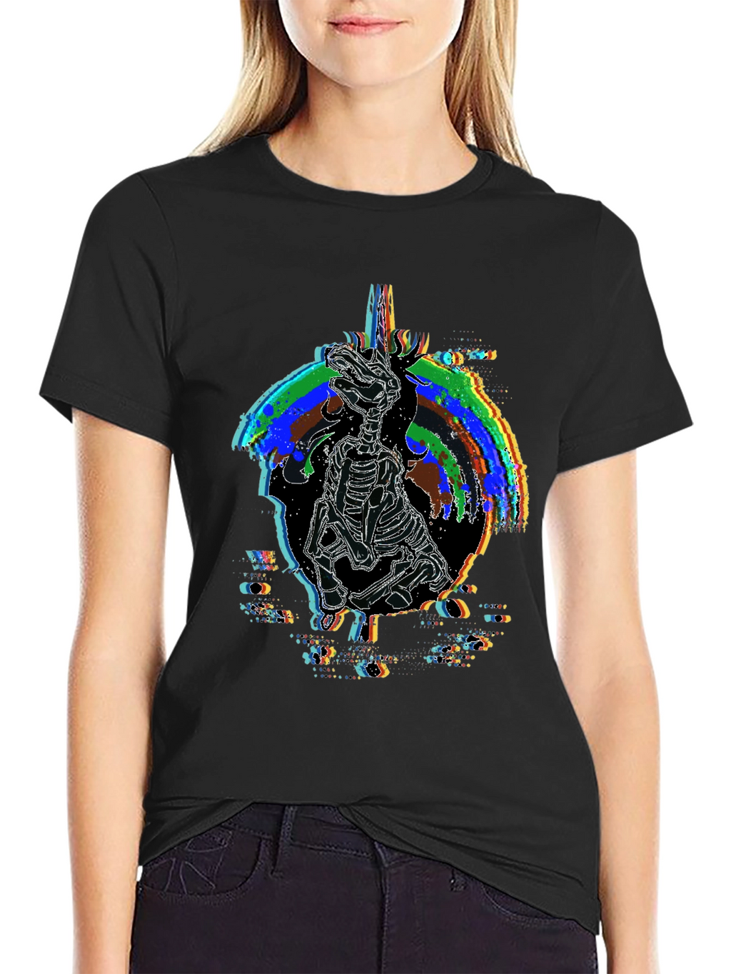 Unicorn Skeleton Glitch Graphic T-Shirt