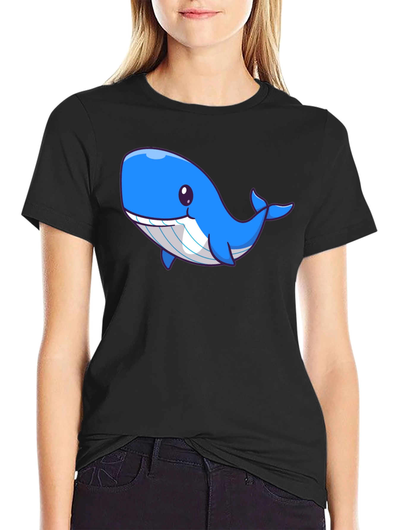 Cute Blue Whale Graphic Black T-Shirt