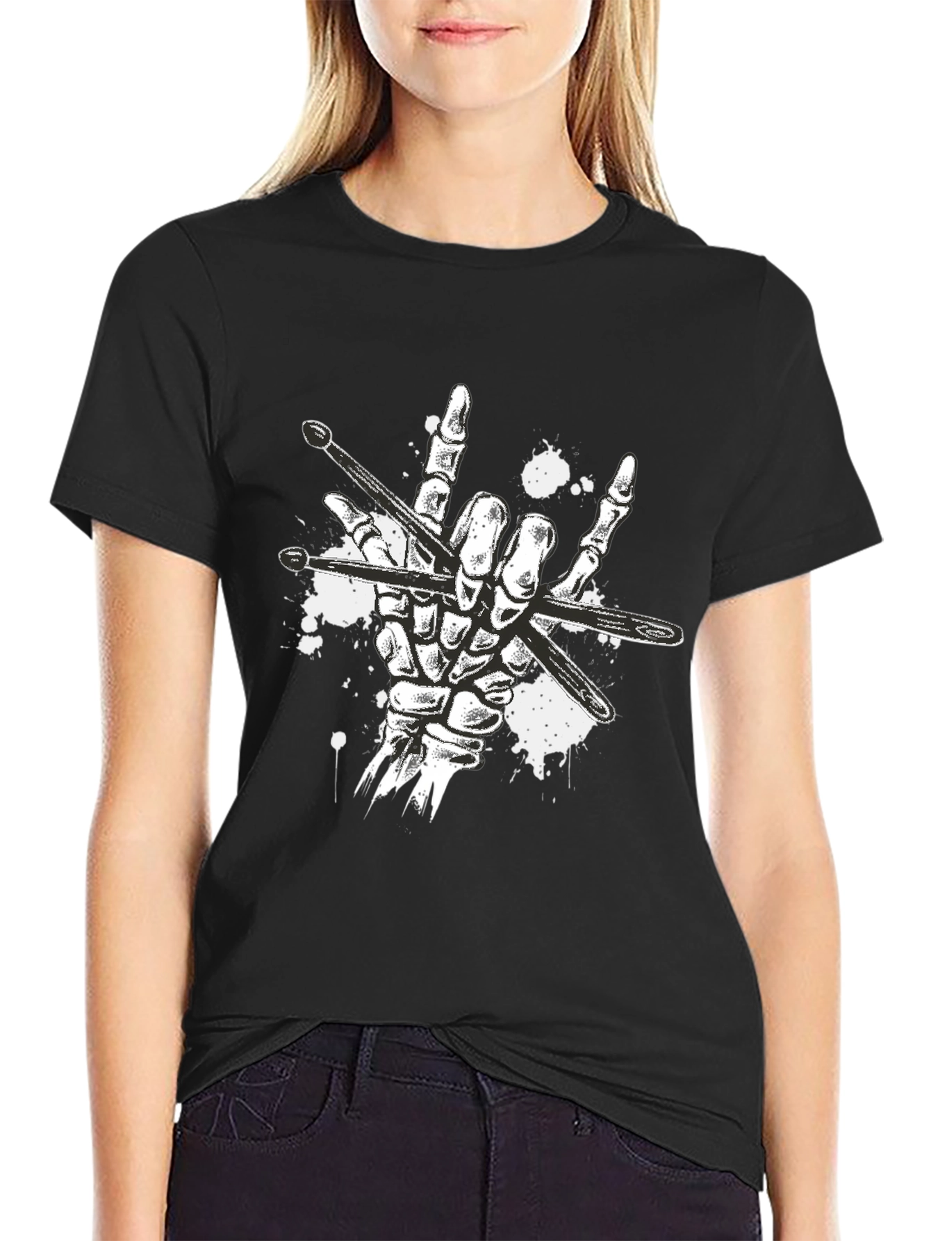 Rock On Drummer T-Shirt: Skeleton Hand Drumsticks