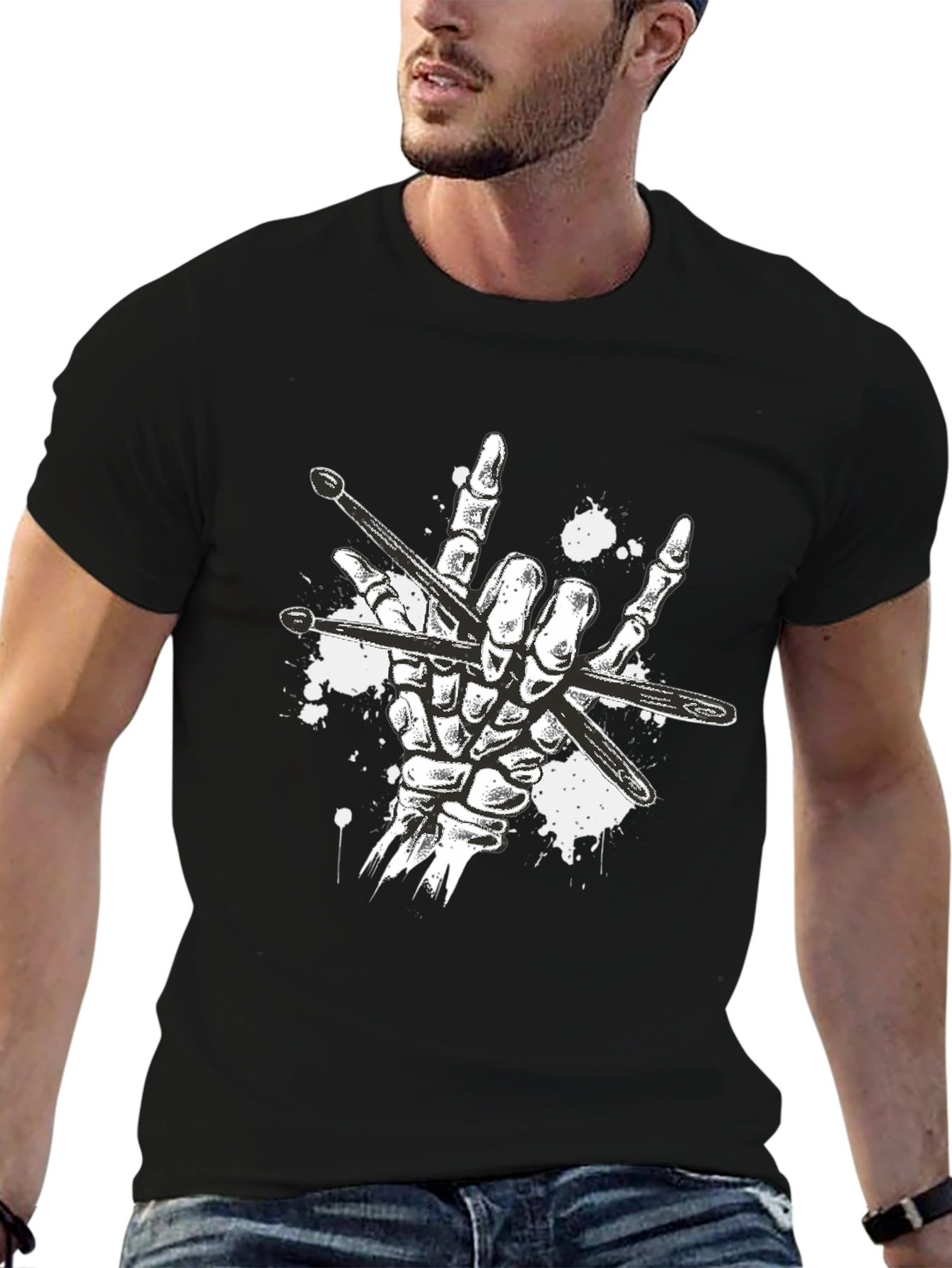 Rock On Drummer T-Shirt: Skeleton Hand Drumsticks