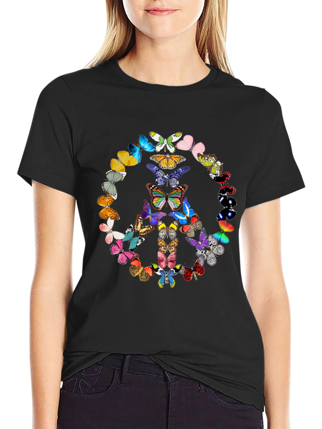 Butterfly Peace Sign Graphic Tee - Black
