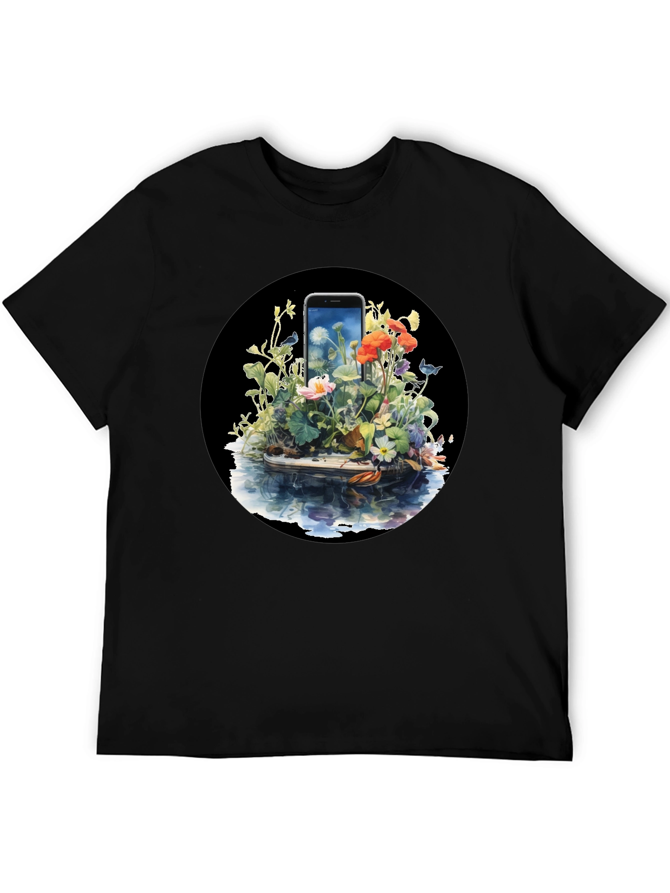 Floral Phone Art Black T-Shirt