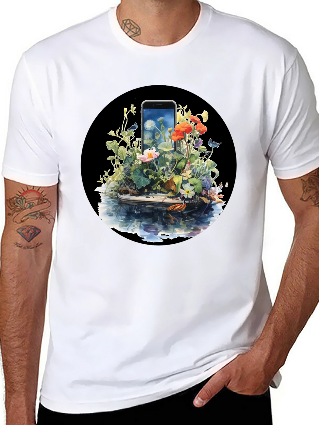 Floral Phone Art Black T-Shirt
