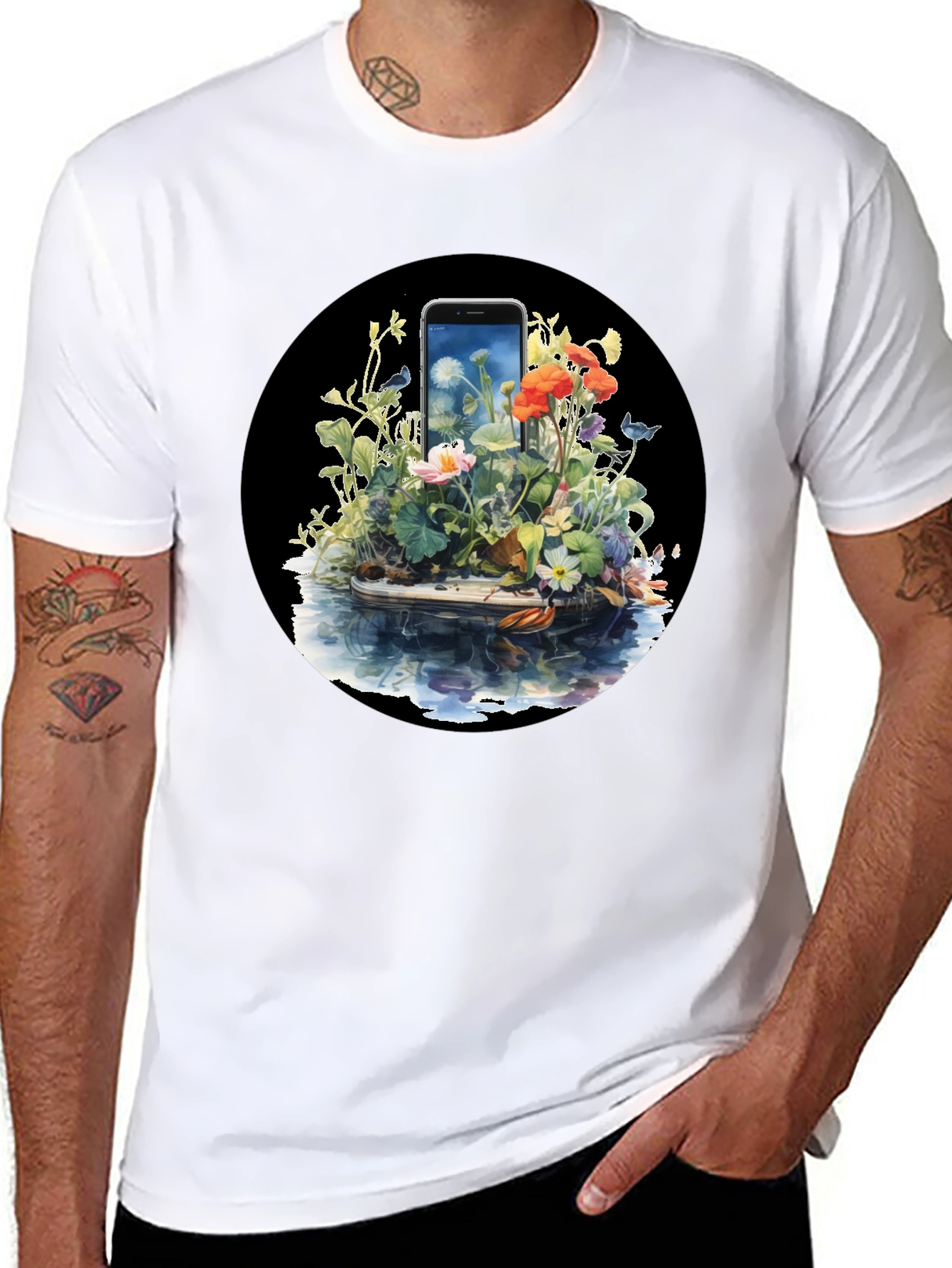 Floral Phone Art Black T-Shirt