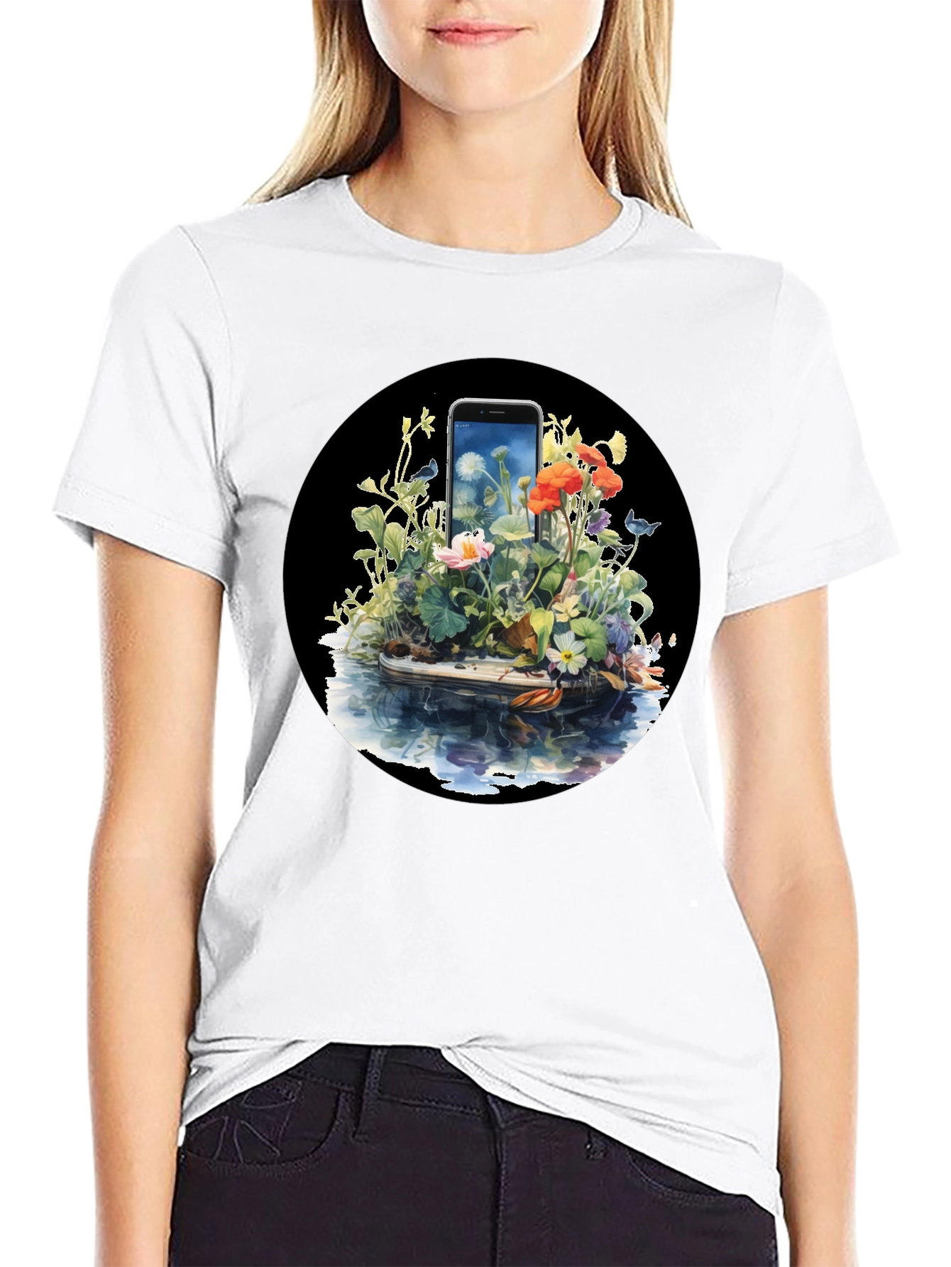 Floral Phone Art Black T-Shirt