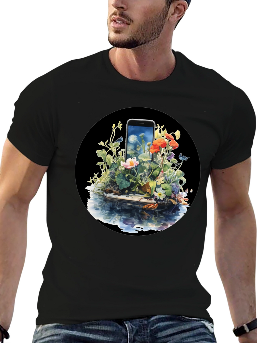Floral Phone Art Black T-Shirt