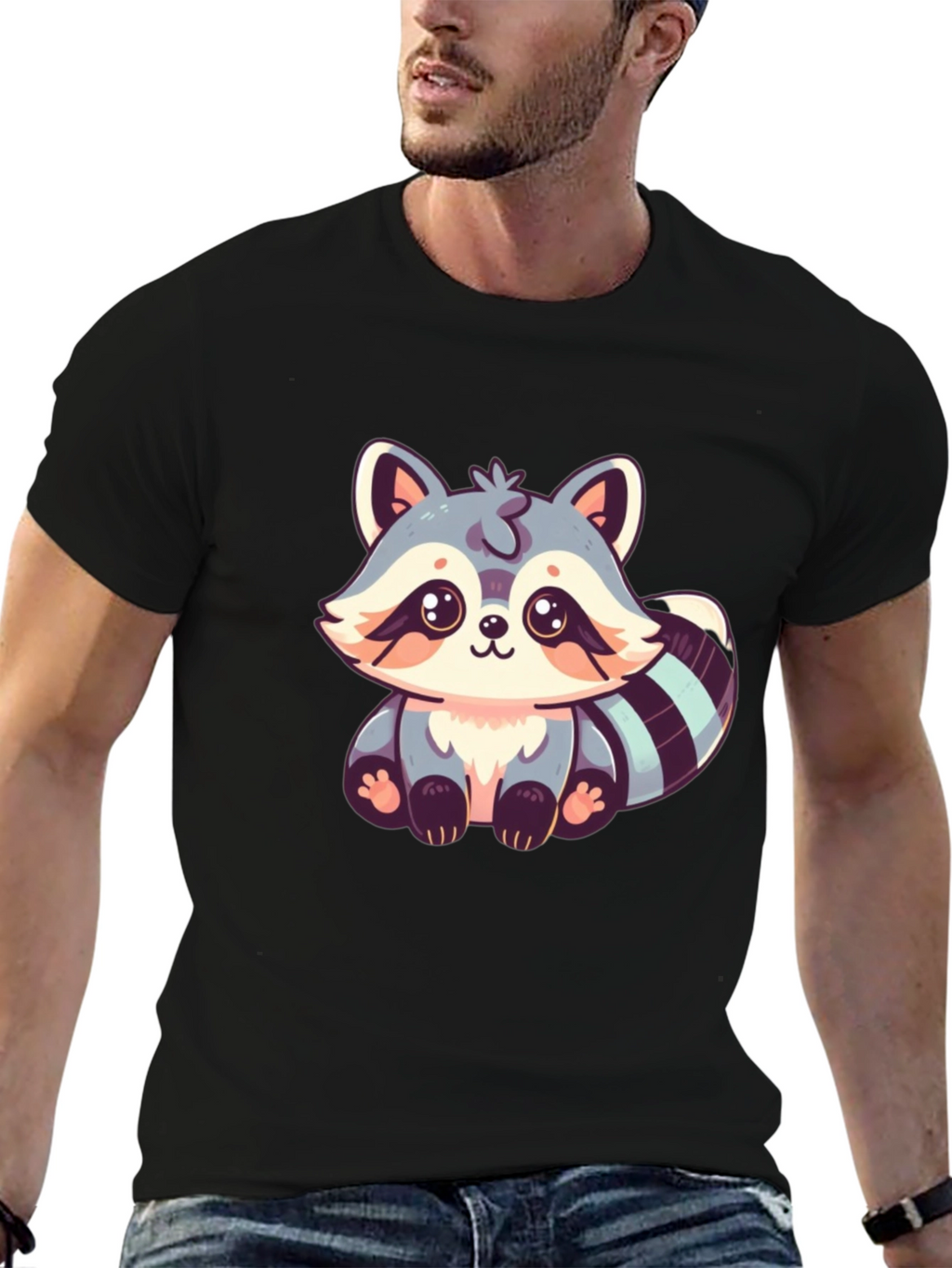 Cute Raccoon Graphic Print Black T-Shirt