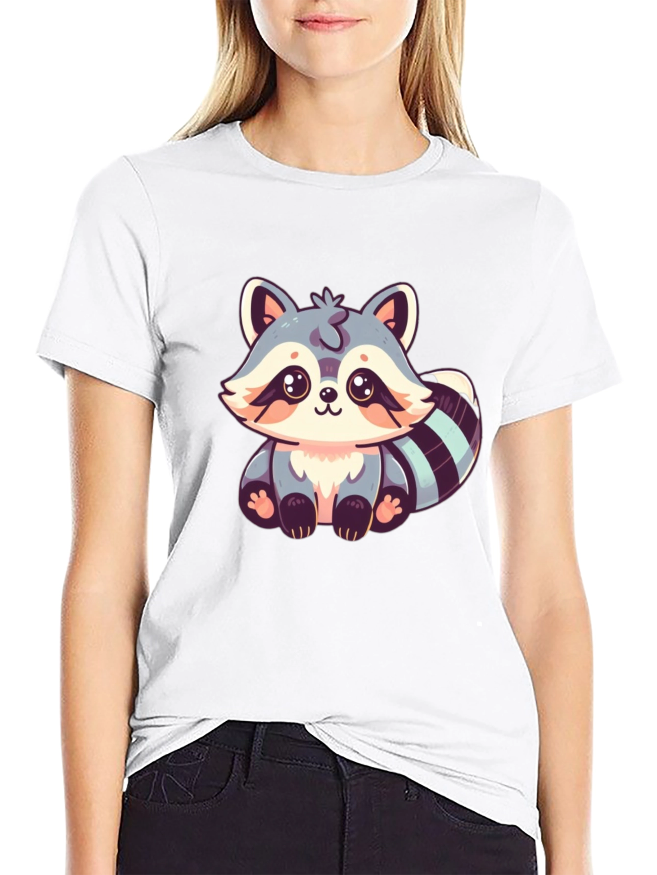 Cute Raccoon Graphic Print Black T-Shirt