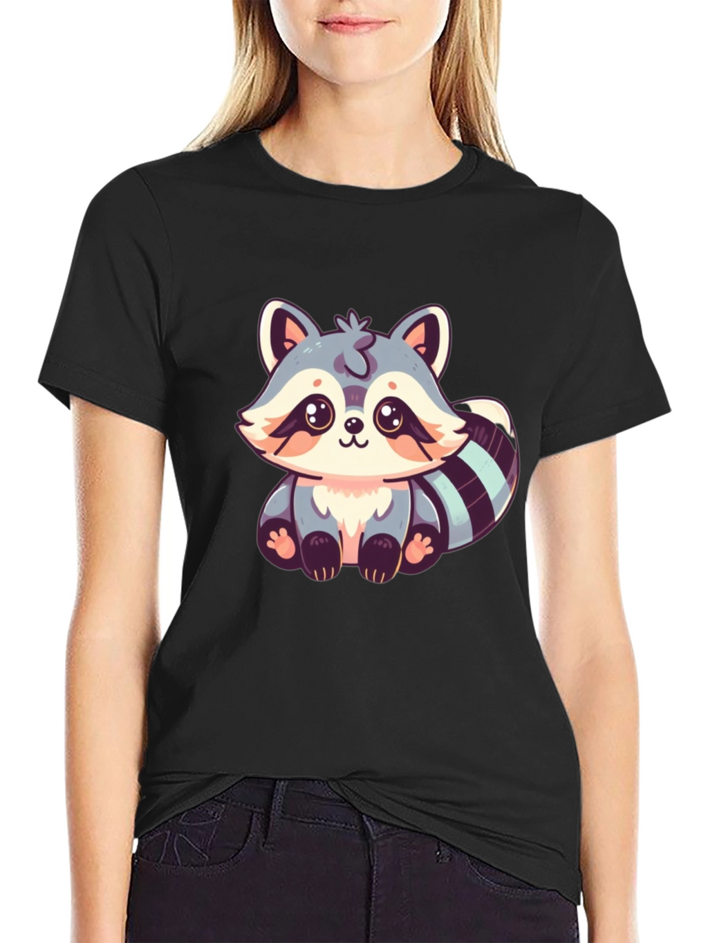 Cute Raccoon Graphic Print Black T-Shirt