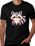 Cute Raccoon Graphic Print Black T-Shirt