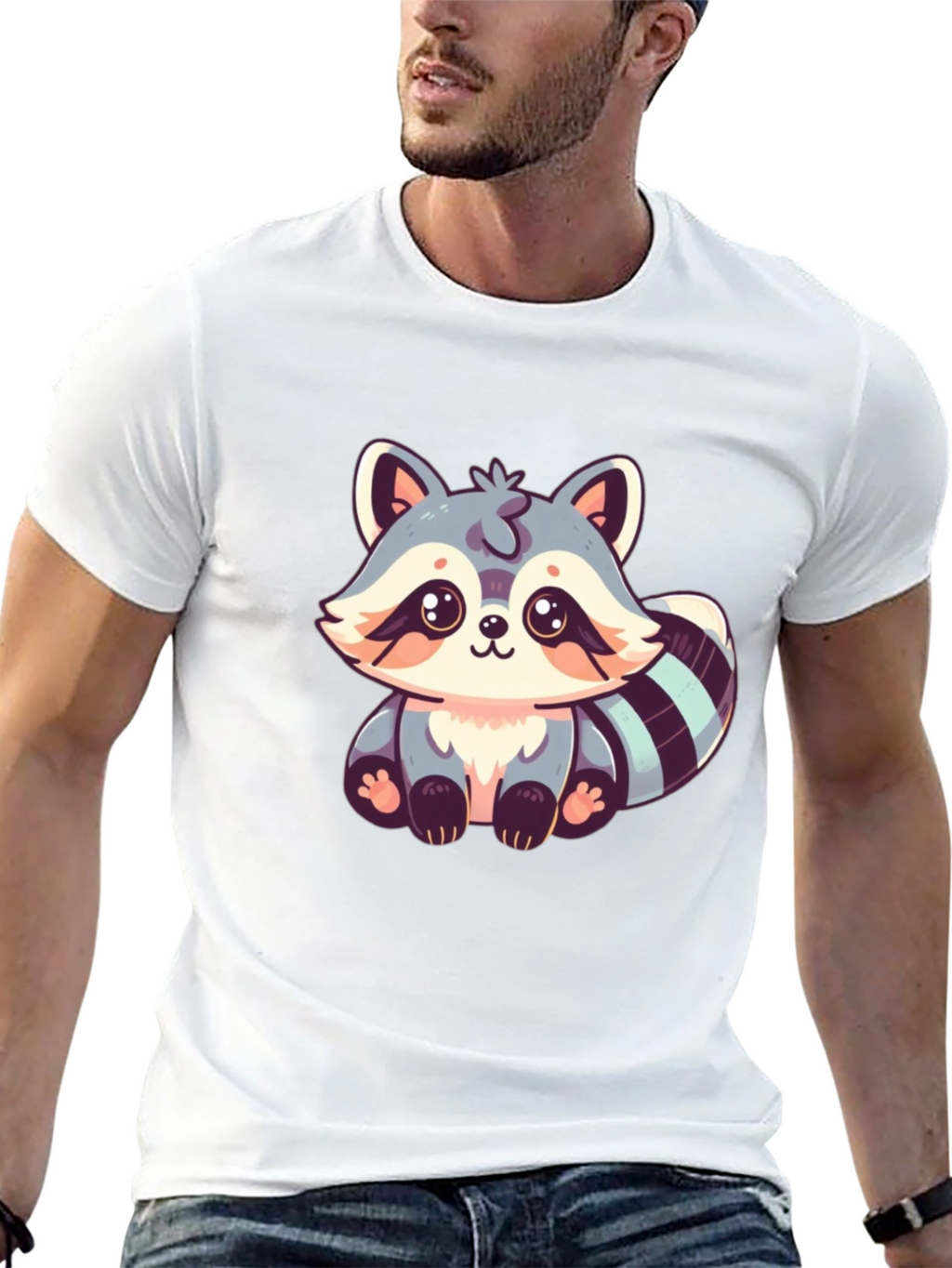 Cute Raccoon Graphic Print Black T-Shirt