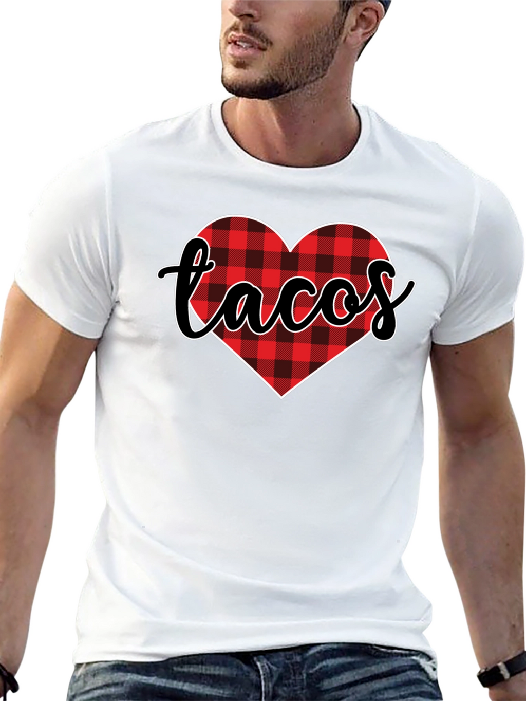 Tacos Lover Heart Buffalo Plaid Tee - Black
