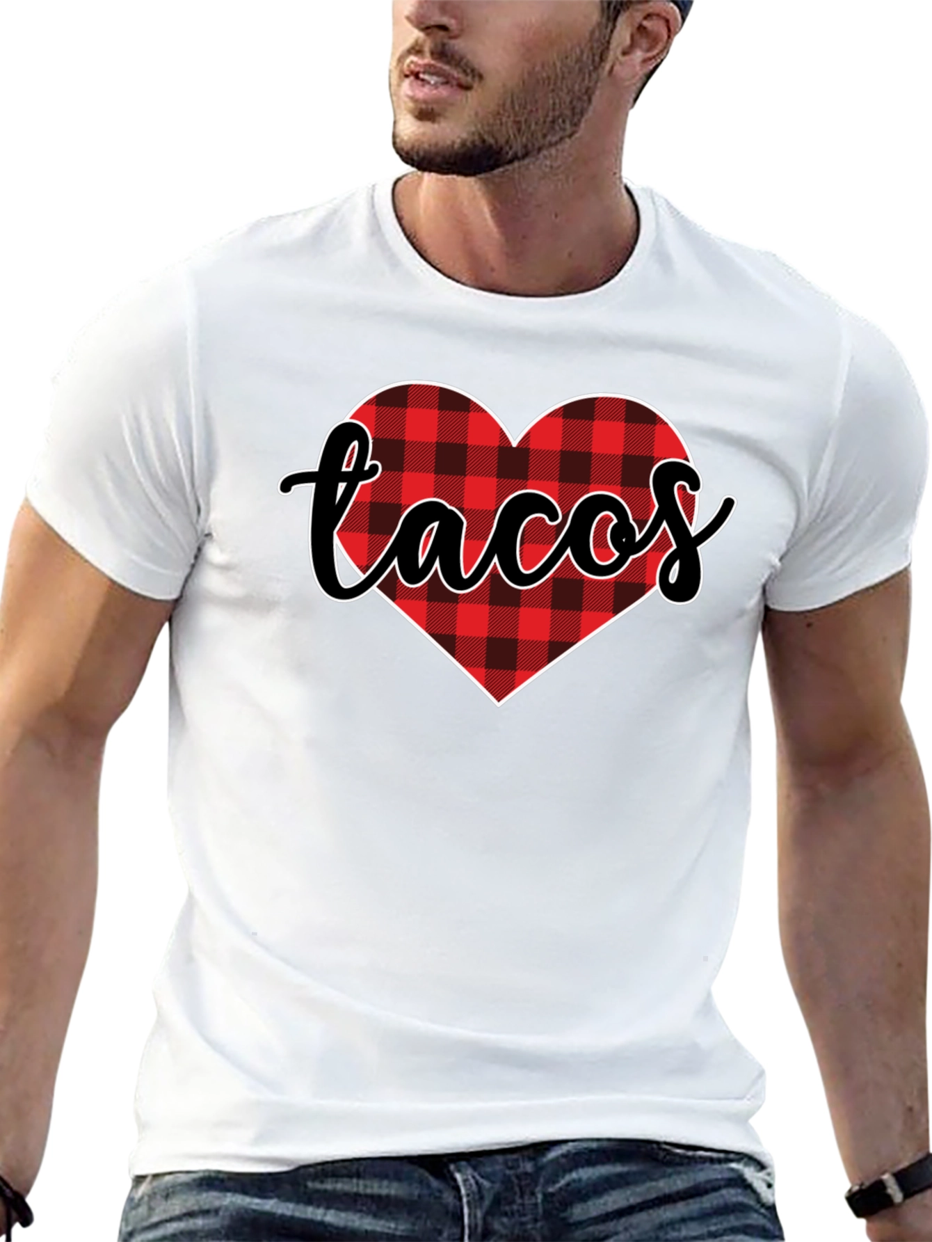 Tacos Lover Heart Buffalo Plaid Tee - Black