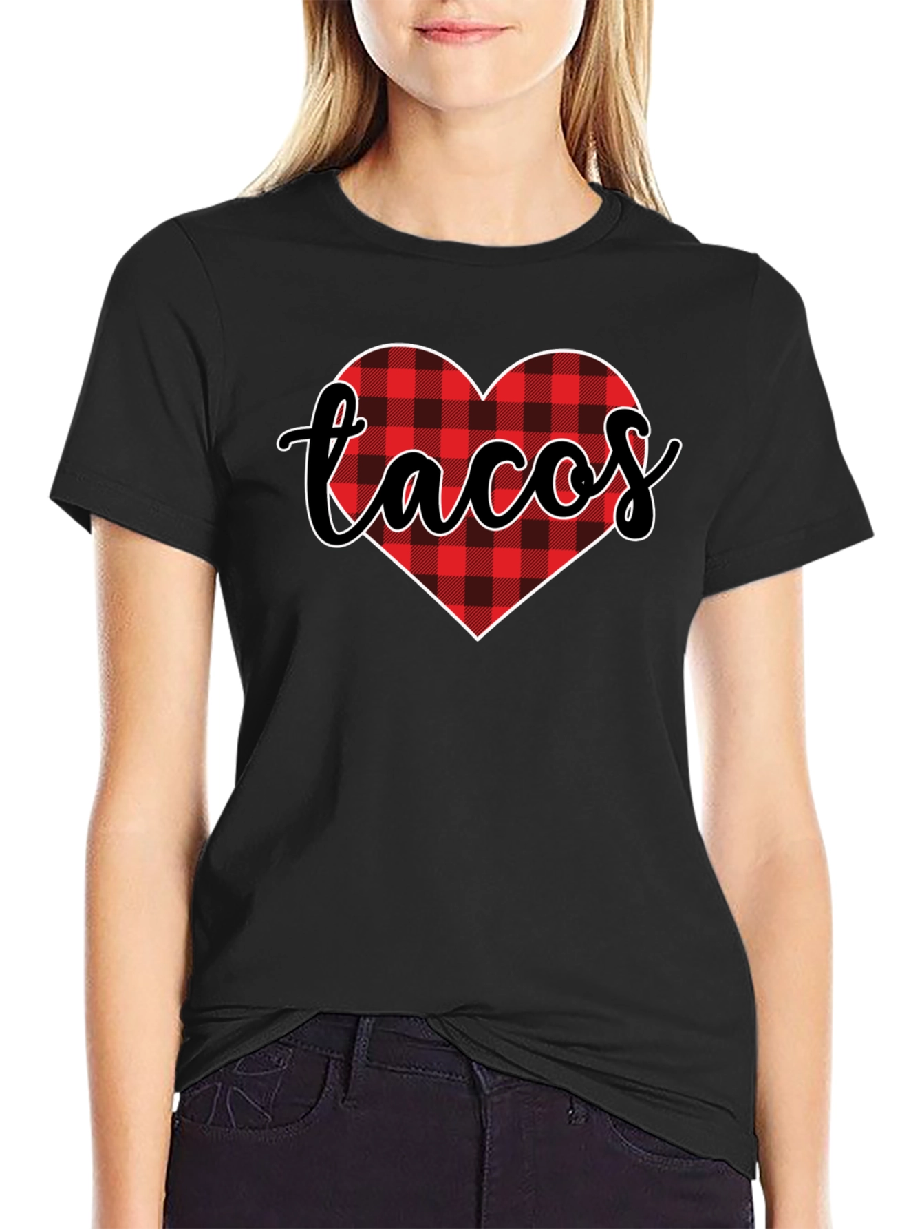 Tacos Lover Heart Buffalo Plaid Tee - Black