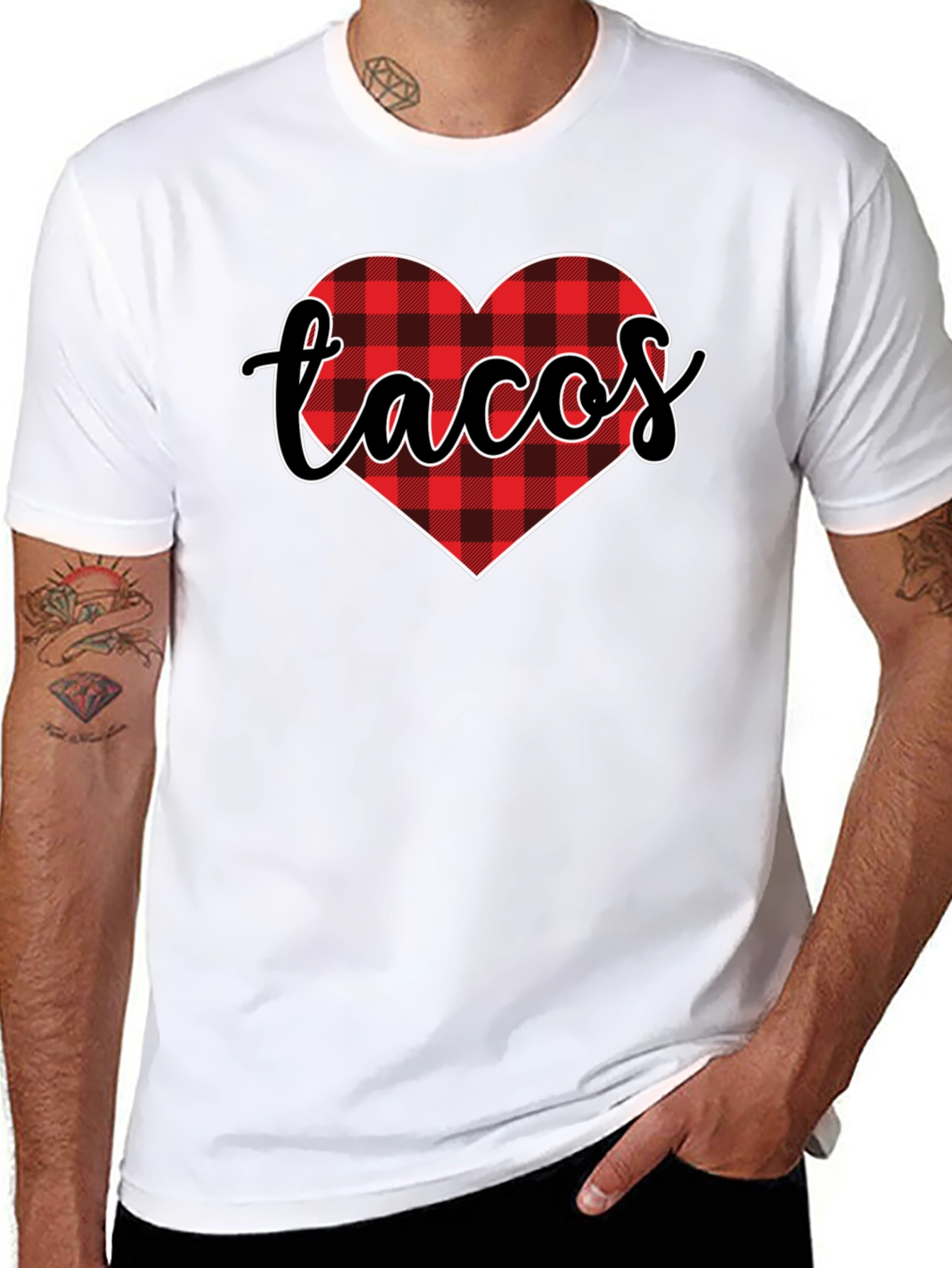 Tacos Lover Heart Buffalo Plaid Tee - Black
