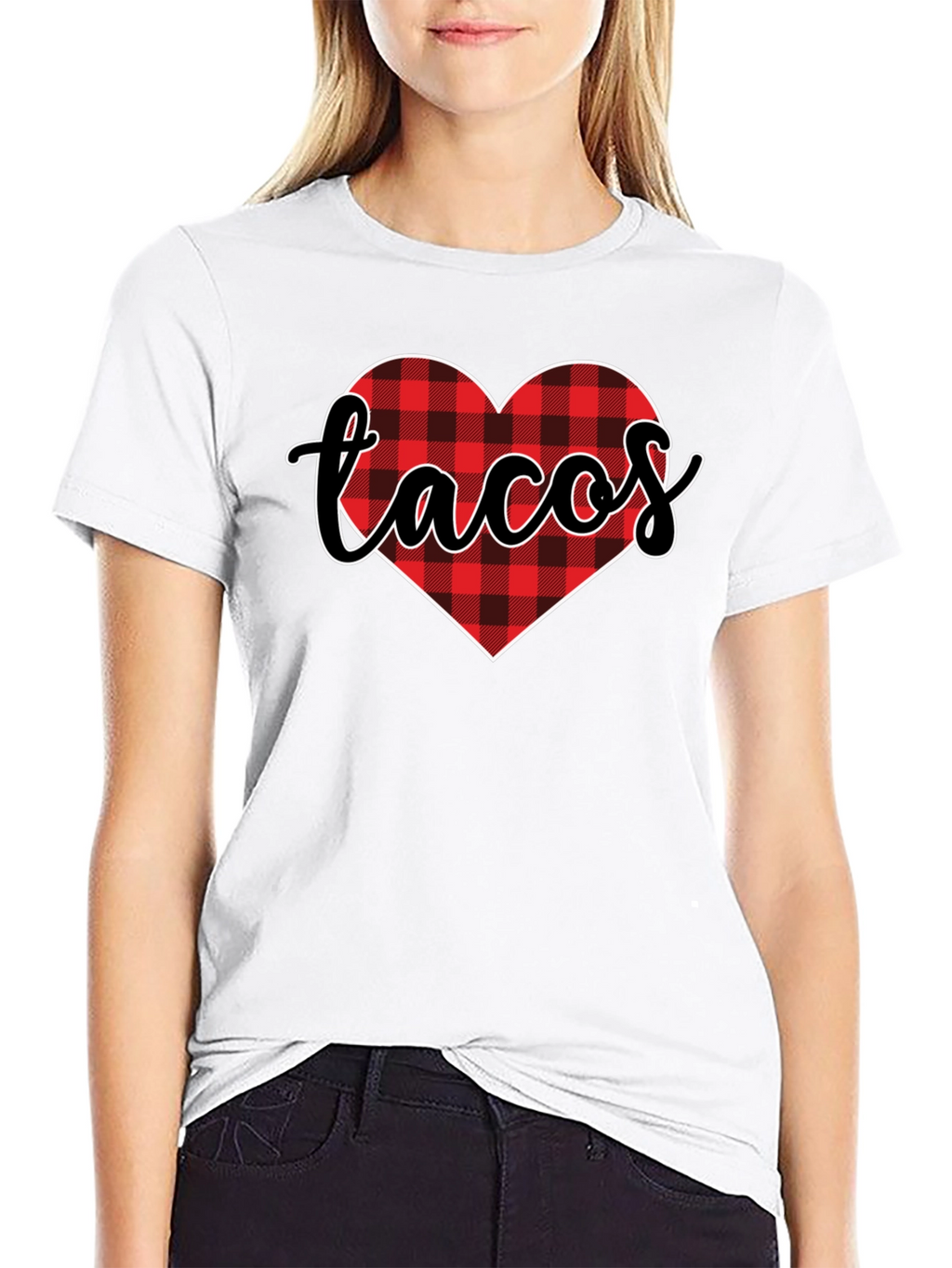 Tacos Lover Heart Buffalo Plaid Tee - Black