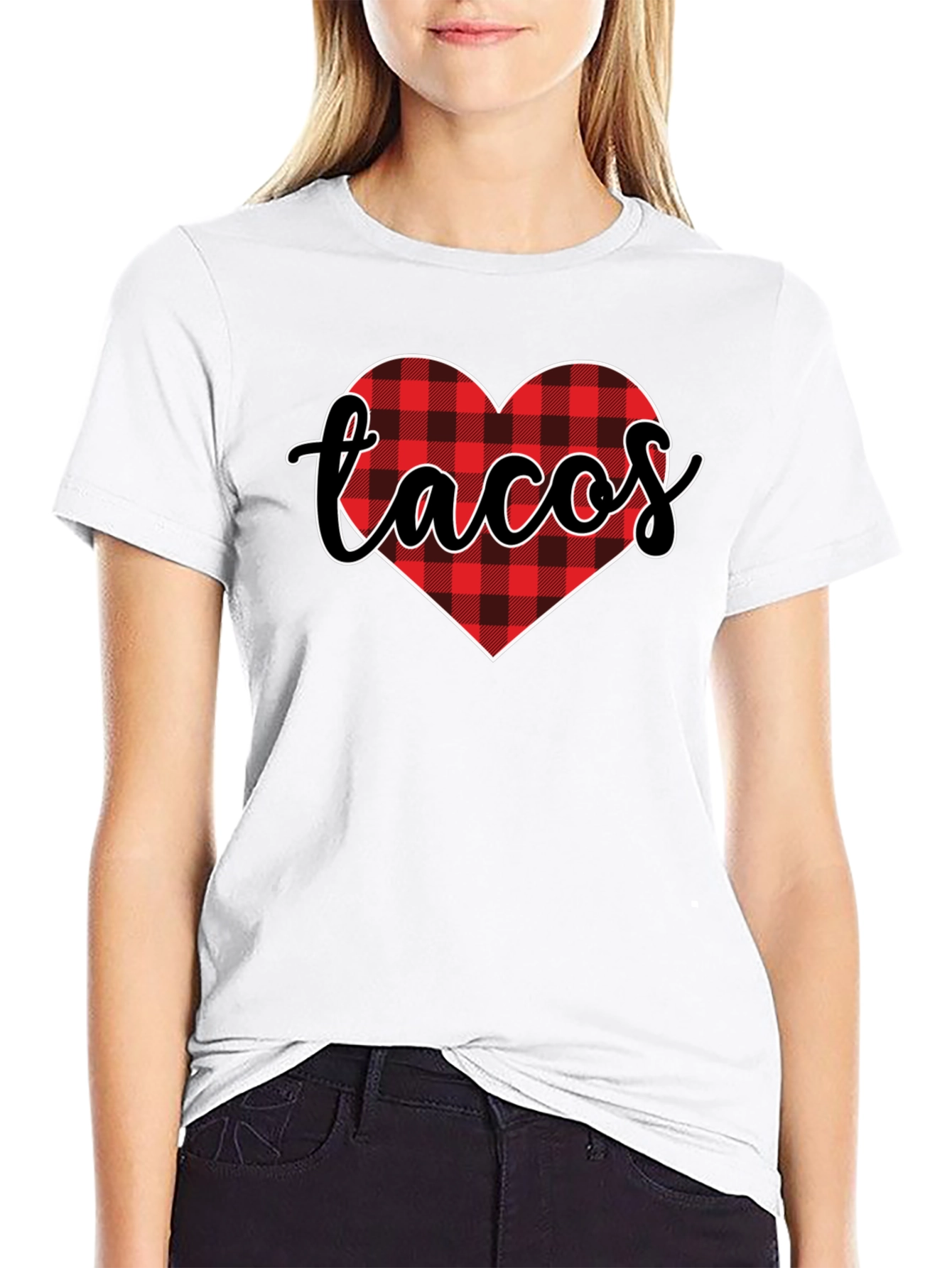 Tacos Lover Heart Buffalo Plaid Tee - Black