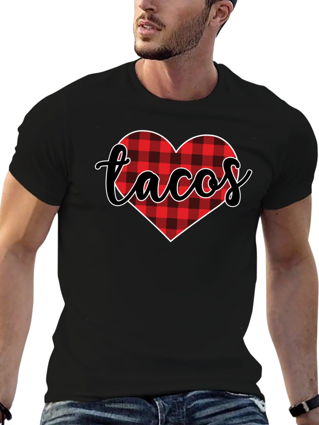 Tacos Lover Heart Buffalo Plaid Tee - Black