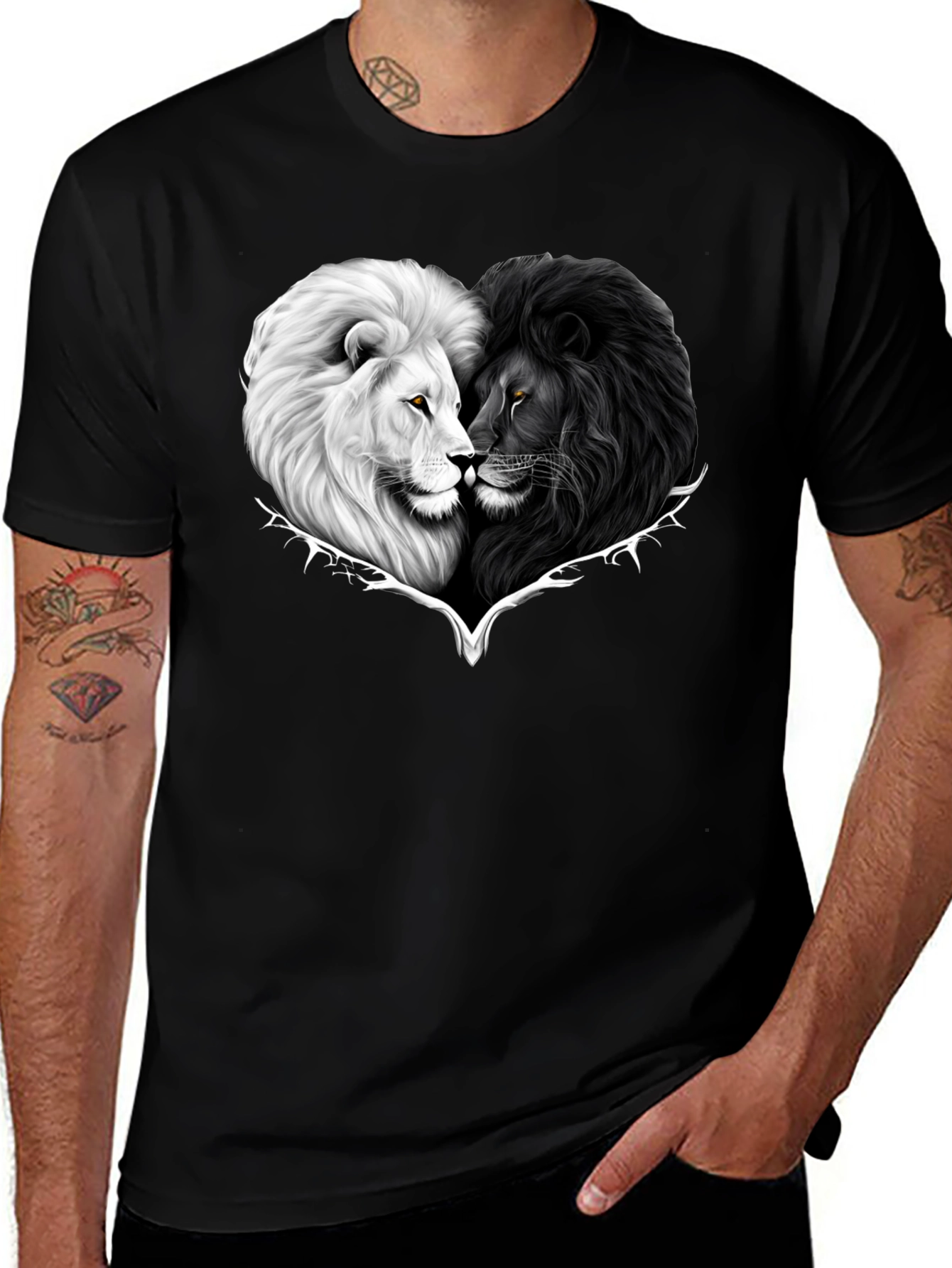 Yin Yang Lions Heart Graphic Tee - Black