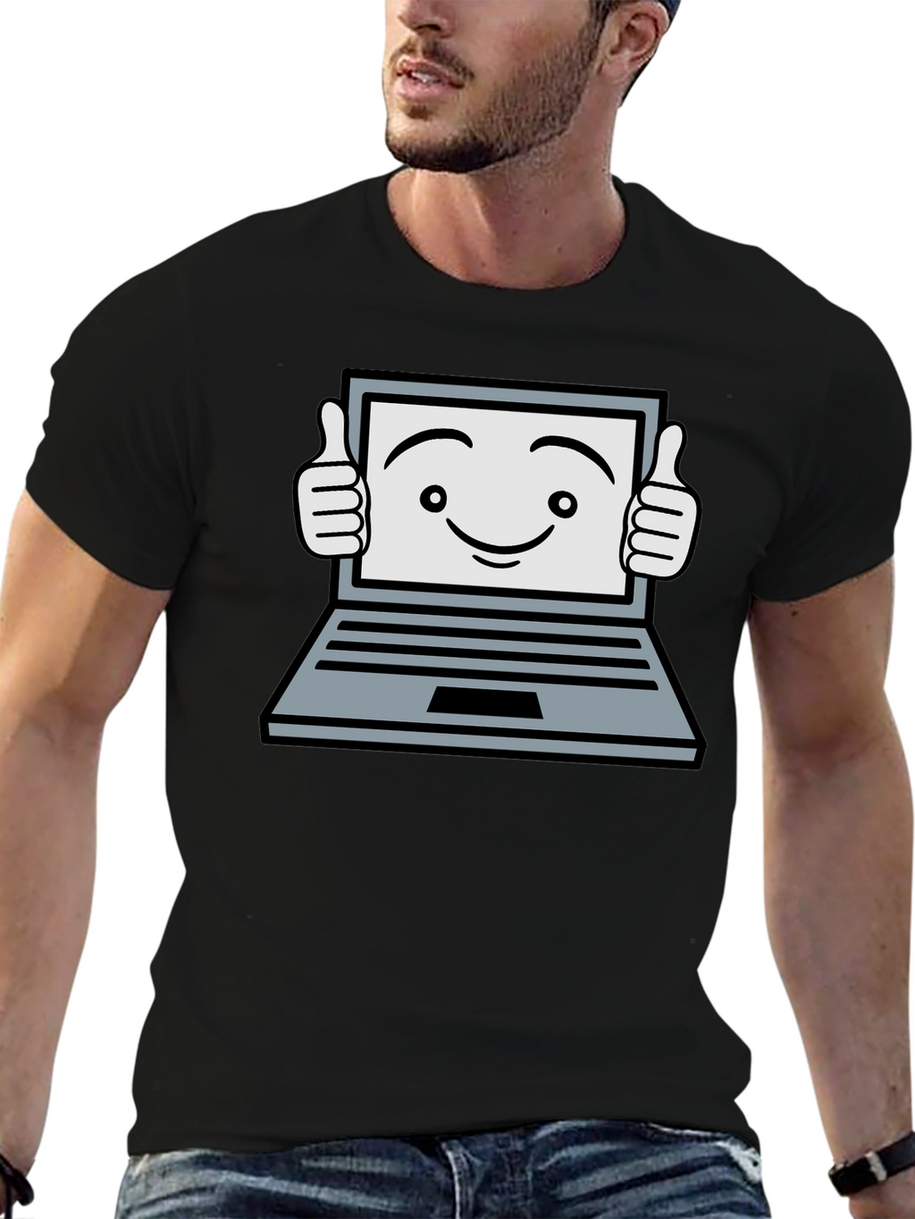 Funny Laptop Thumbs Up Graphic Black T-Shirt