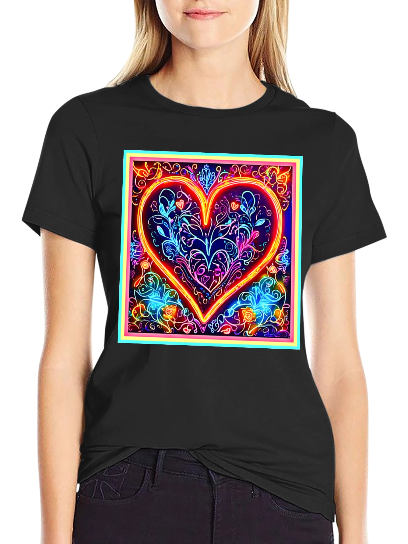 Neon Heart Graphic Black T-Shirt