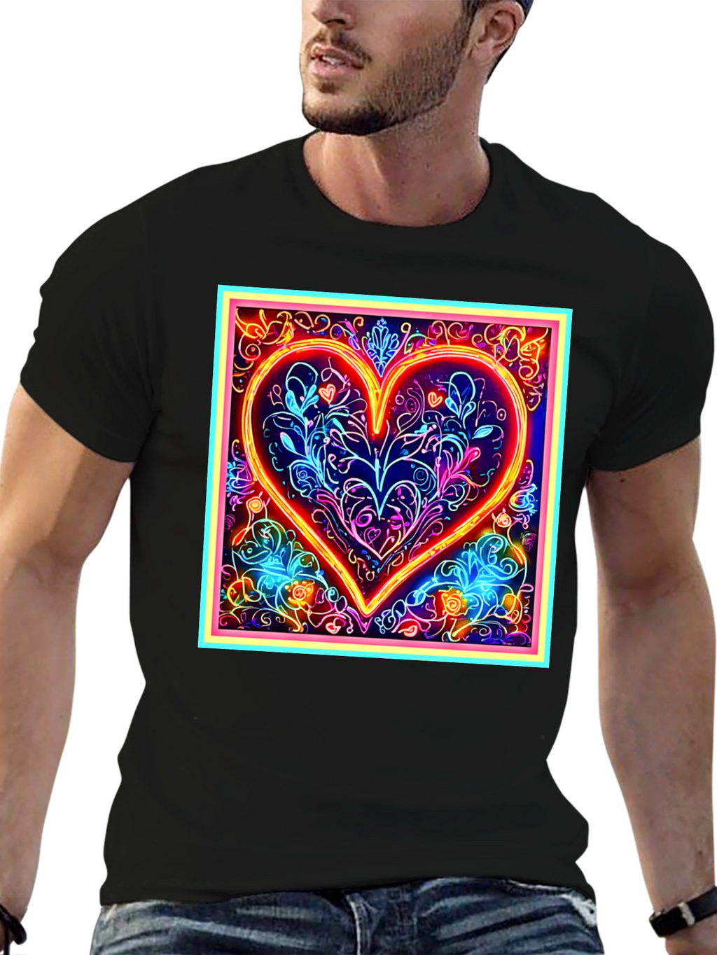 Neon Heart Graphic Black T-Shirt