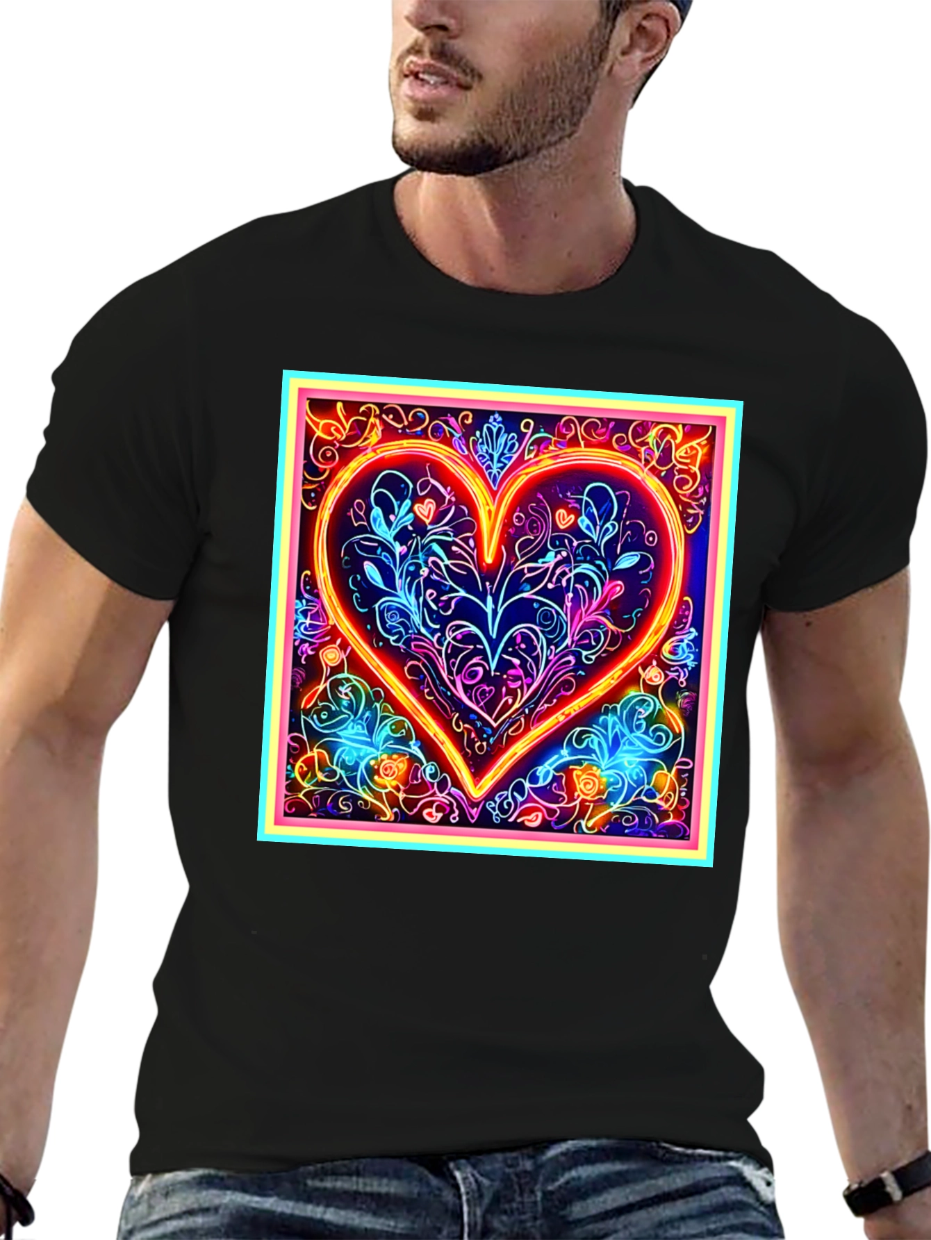 Neon Heart Graphic Black T-Shirt