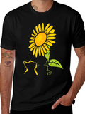 Cat & Sunflower Graphic Tee - Black Casual Shirt