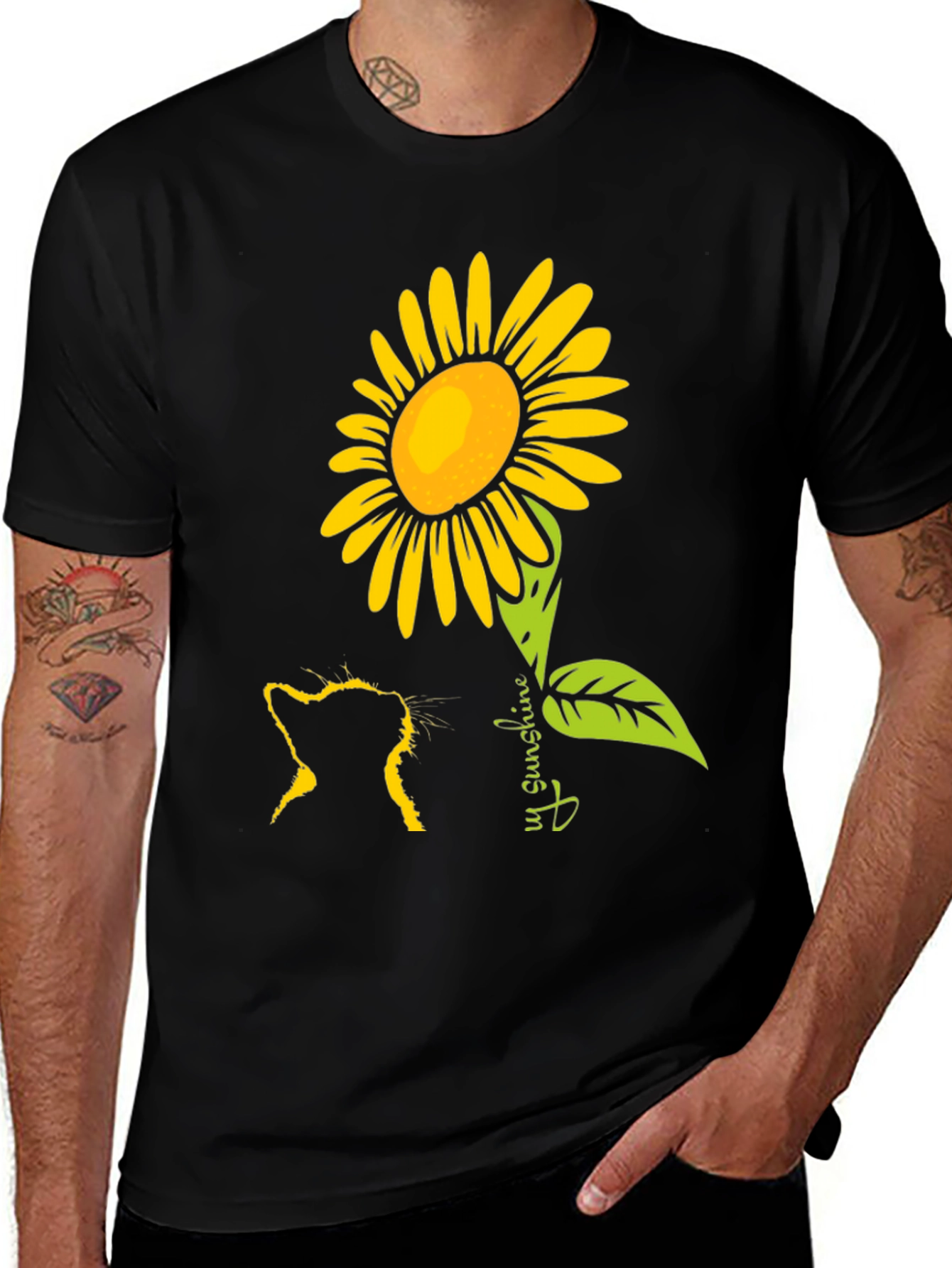 Cat & Sunflower Graphic Tee - Black Casual Shirt