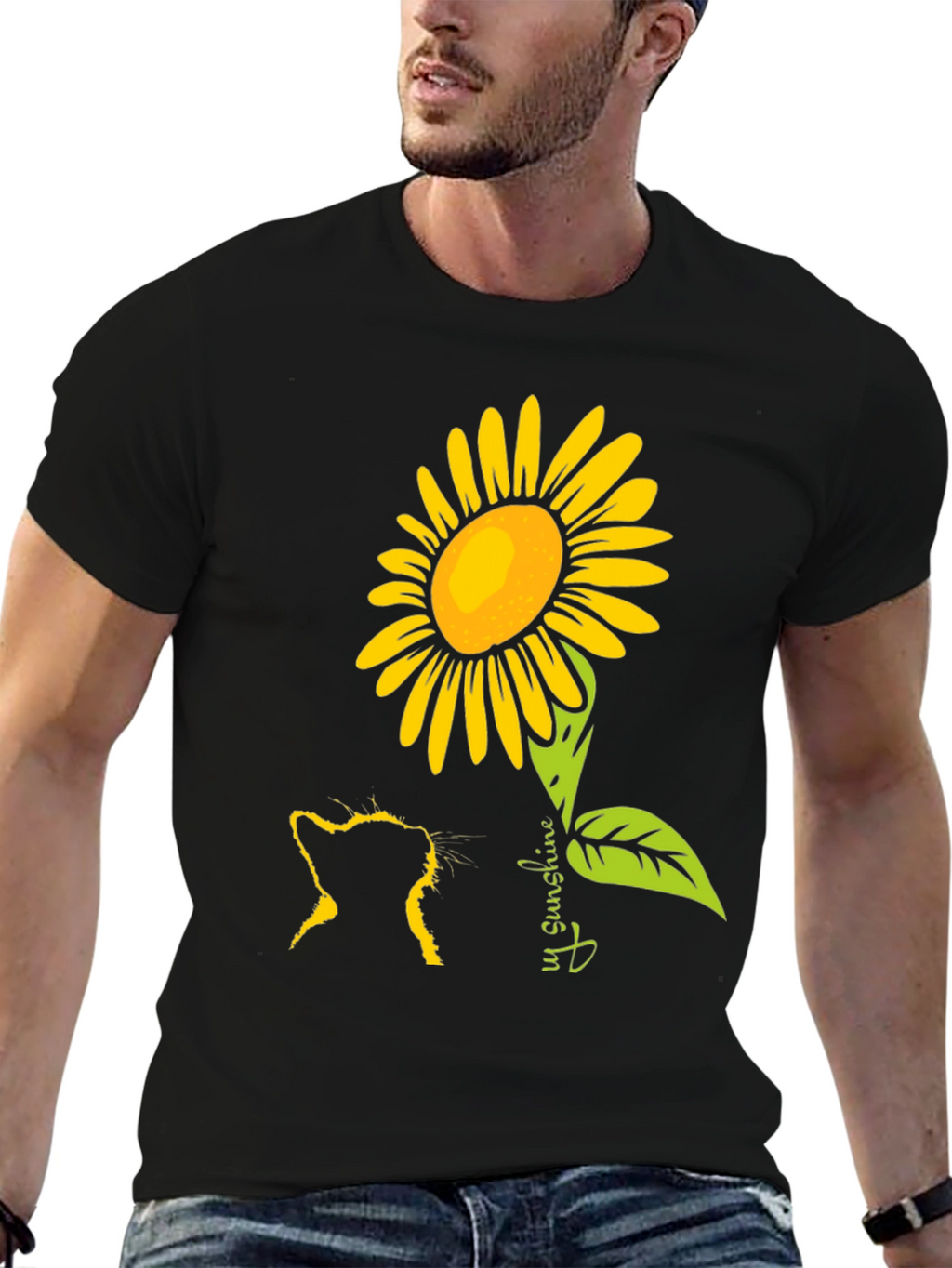Cat & Sunflower Graphic Tee - Black Casual Shirt