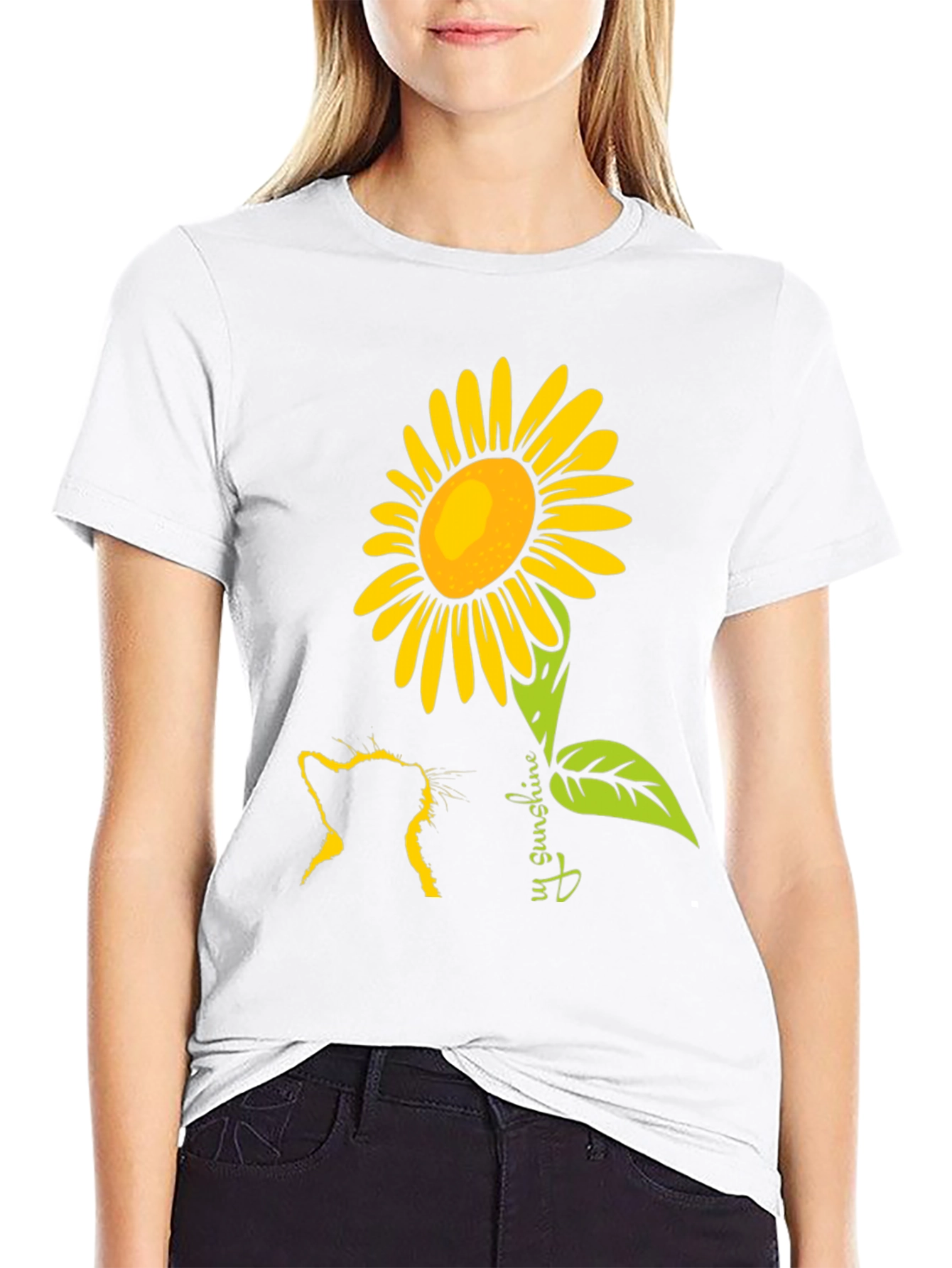 Cat & Sunflower Graphic Tee - Black Casual Shirt