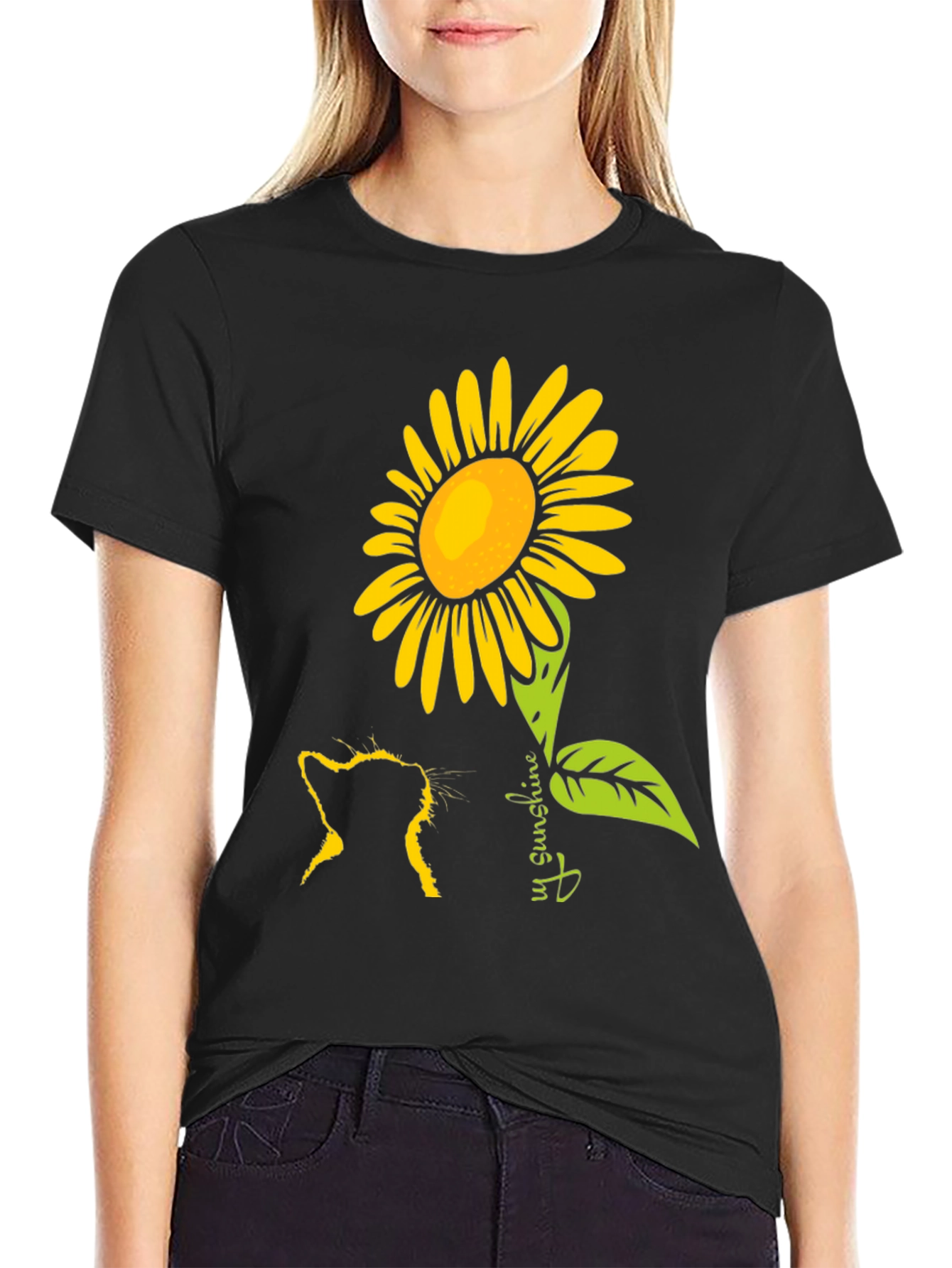 Cat & Sunflower Graphic Tee - Black Casual Shirt